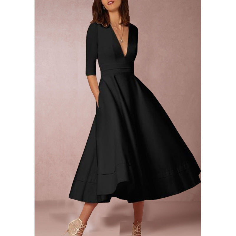 Womens Sexy Deep V Mid Sleeve Solid Color Splicing Swing Dress