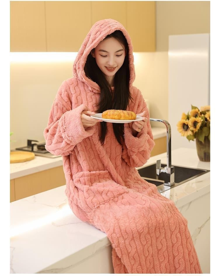 Women Hooded Coral Fleece Warm Long Sleeve Nightgown