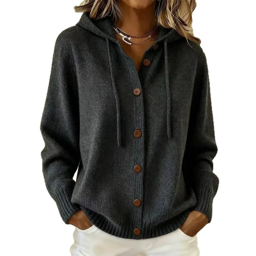 Women's Buttoned Hooded Faux Wool Solid Color Cardigan for Autumn and Winter