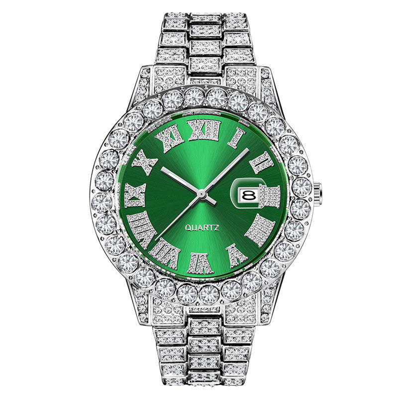 Hip hop Mens Full Diamond Stainless Steel Date Quartz Watch