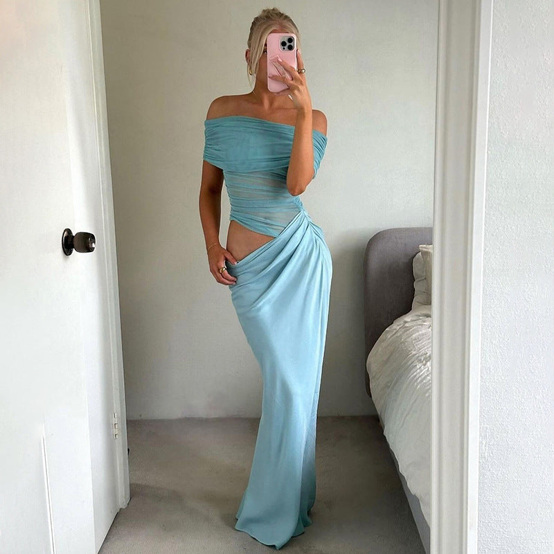 Mesh Off-Shoulder Pleated Dress