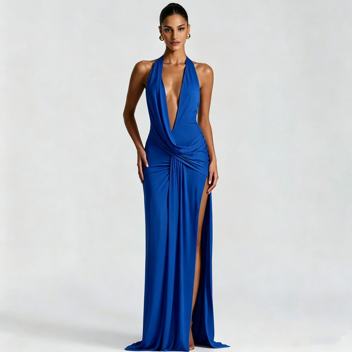 Deep V-Neck Halter Ruched Backless Dress
