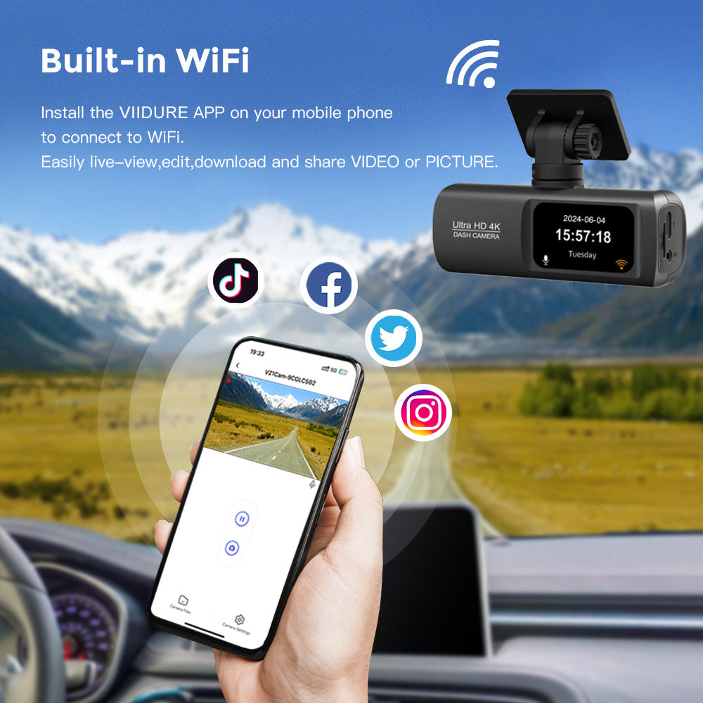 4K Dual Lens Dash Cam with Night Vision WiFi GPS