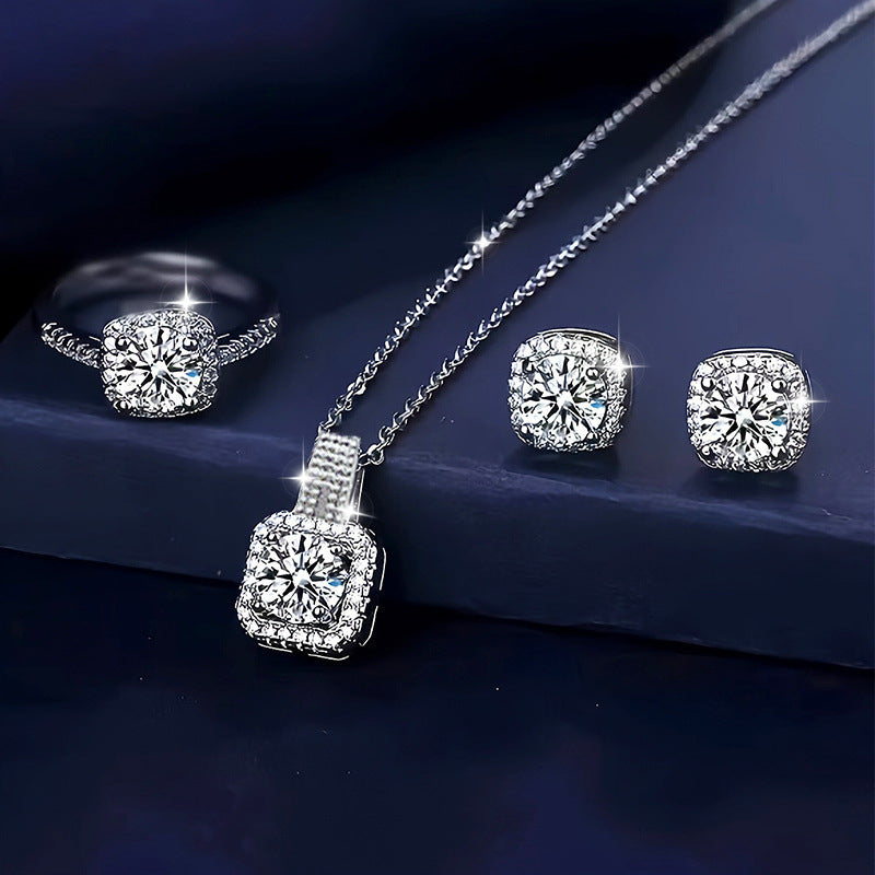 Square Rhinestone Jewelry Set Necklace Ring Earrings