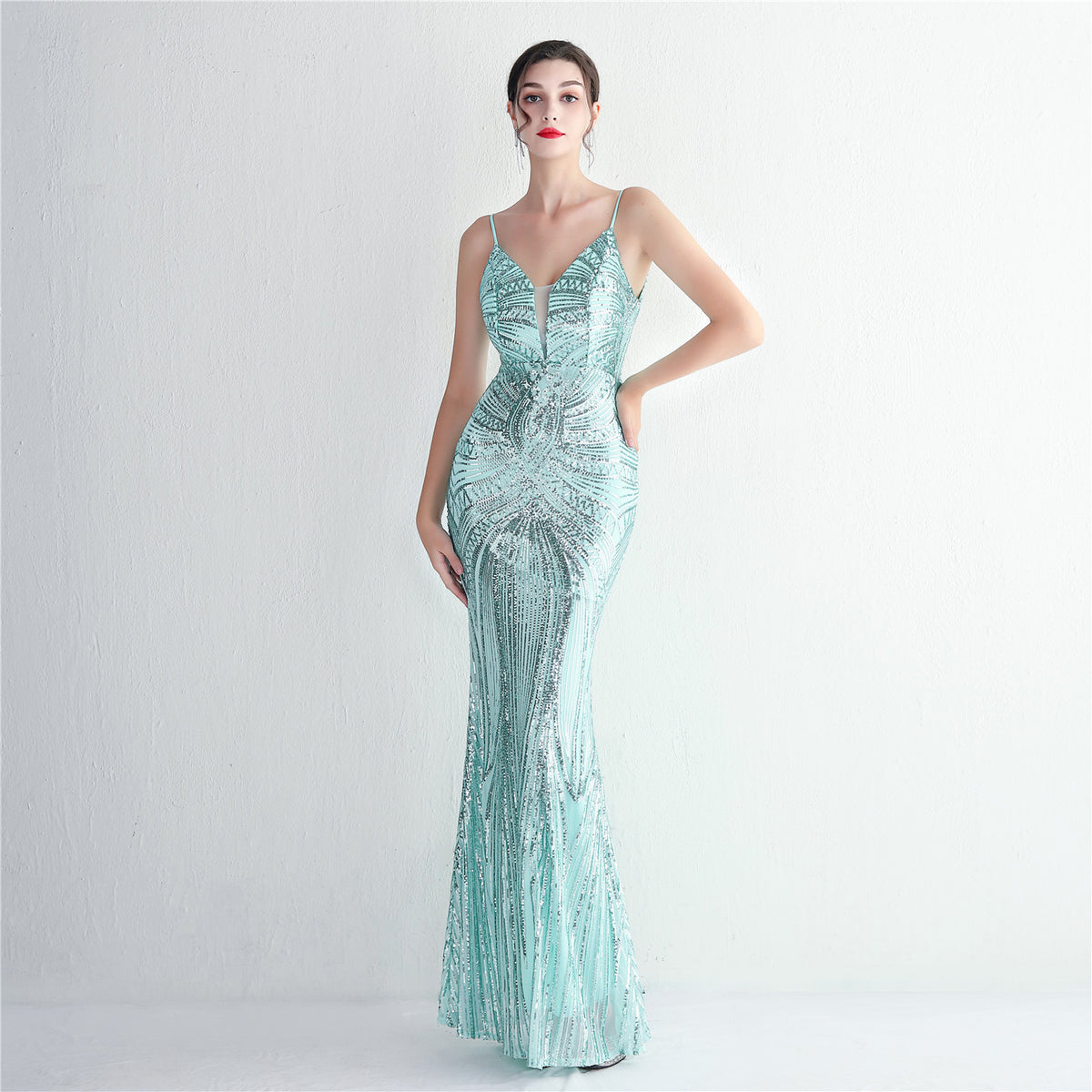 Elegant Sequined Evening Dress with Deep V-Neck