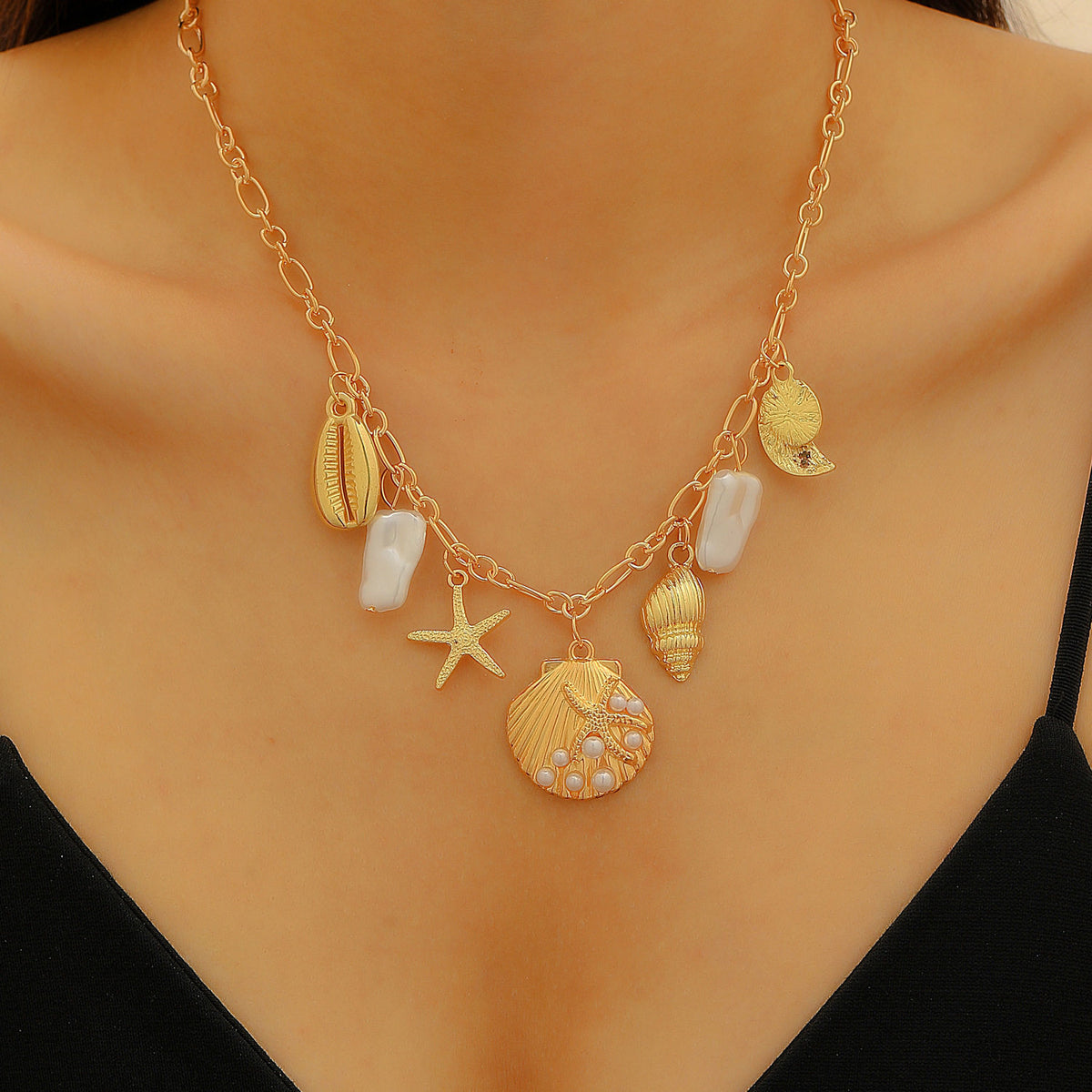 Layered Shell Pearl Starfish Pendant Bohemian Necklace