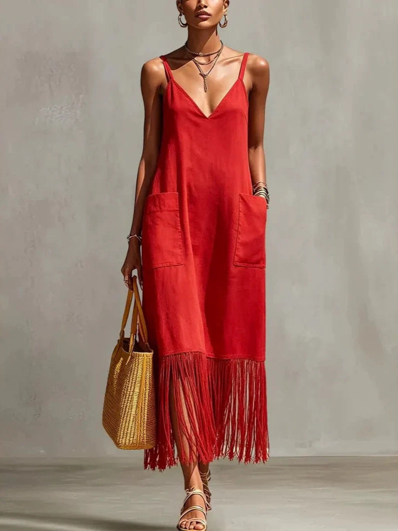 V-Neck Sleeveless Tassel Dress
