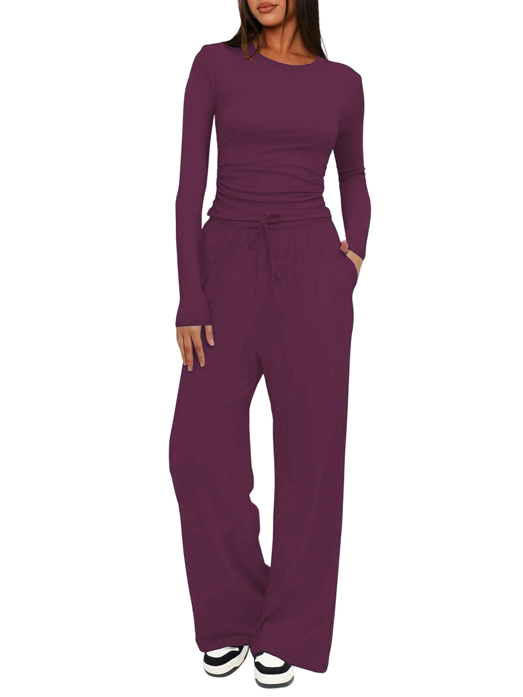 Solid Color Long Sleeve Top and High Waisted Wide Leg Pants Sportswear Set