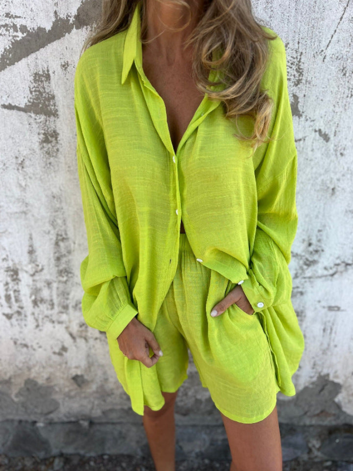 Women's Casual Cotton Linen Shirt and Shorts Set