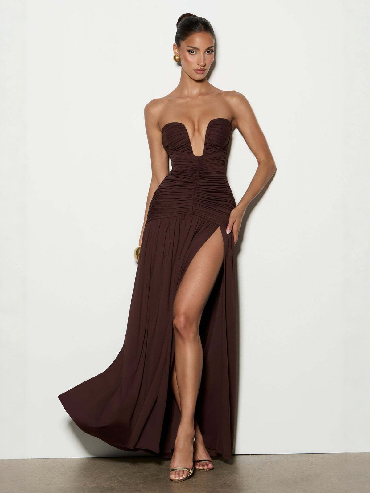 Women Elegant Solid Color Strapless High-Slit Ruched Slim-Fit Dress