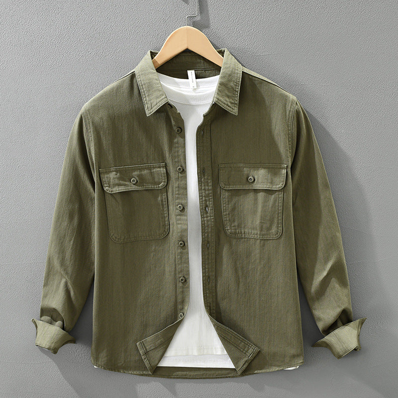 Mens Japanese Retro Workwear Long Sleeve Cotton Shirt Casual Loose Top