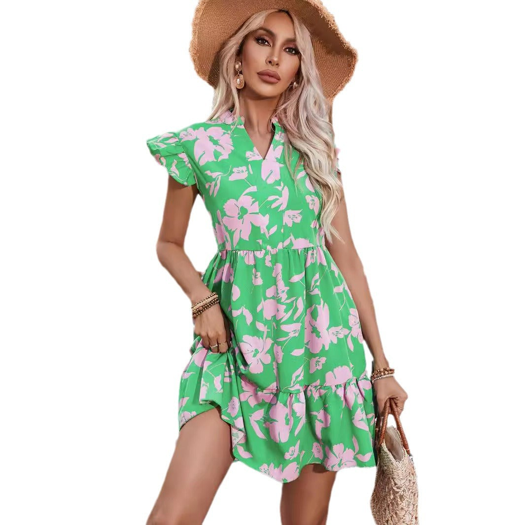 Flounce Sleeve V Neck Printed Midi Dress