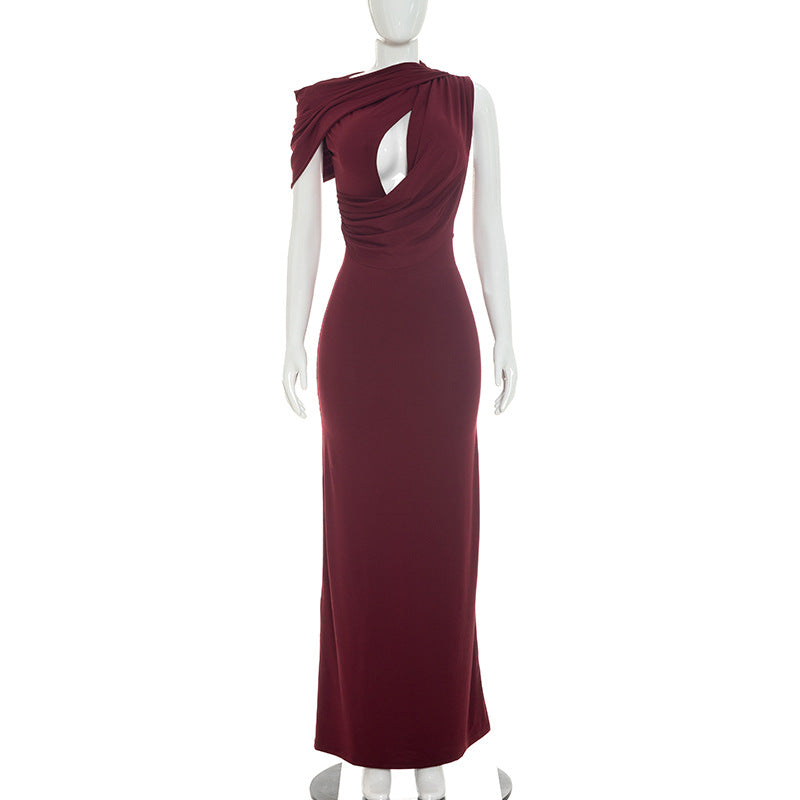 One-Shoulder Ribbon Hollow-Out Long Dress