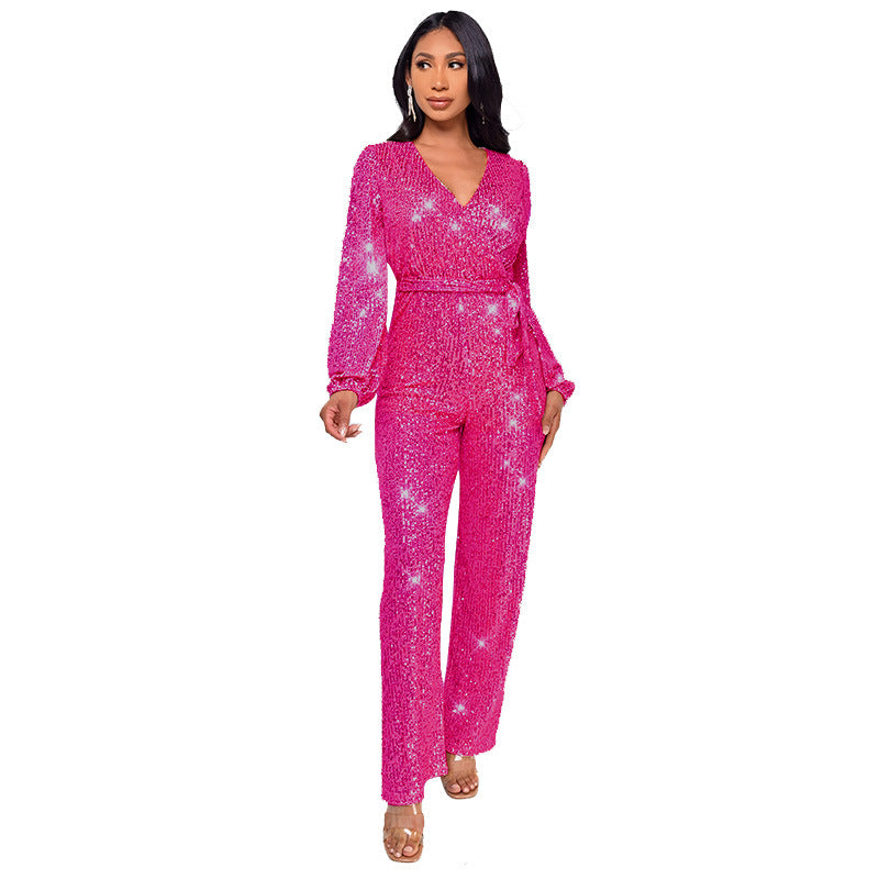 Women's Long Sleeve Deep V Neck Jumpsuit with Sequined Belt