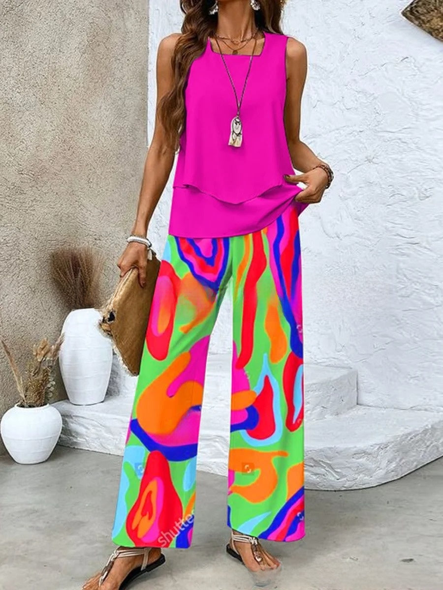 Womens Sleeveless Double-Layer Vest Top and Pants Set