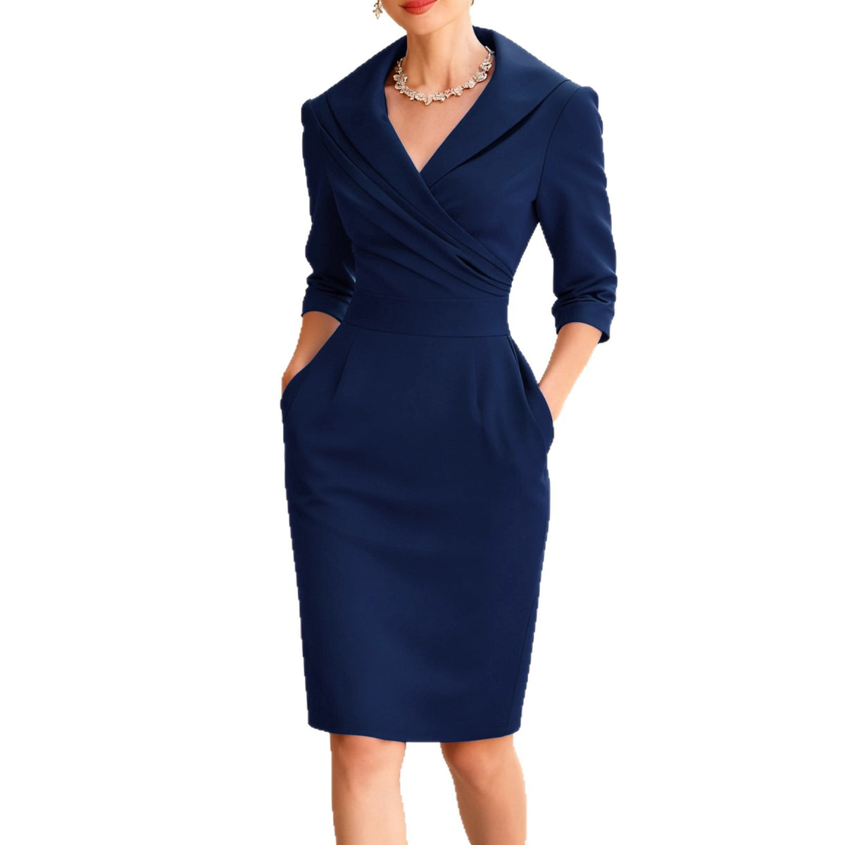 Womens Elegant V Neck Long Sleeve Slim Waist Mid Length Dress