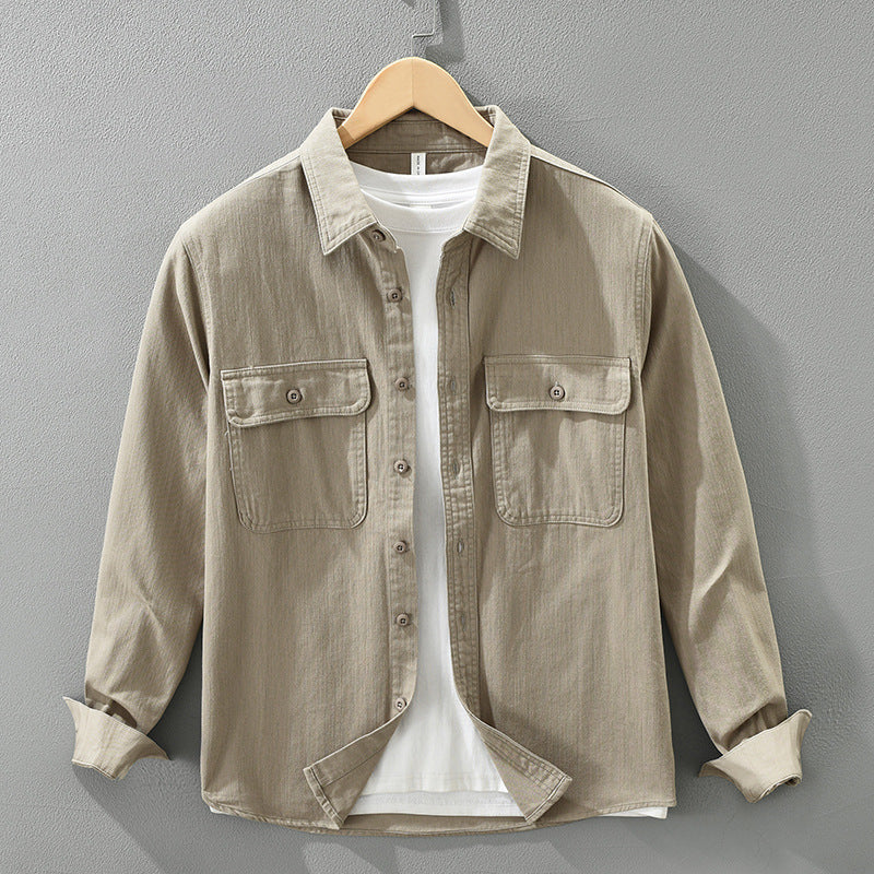 Mens Japanese Retro Workwear Long Sleeve Cotton Shirt Casual Loose Top