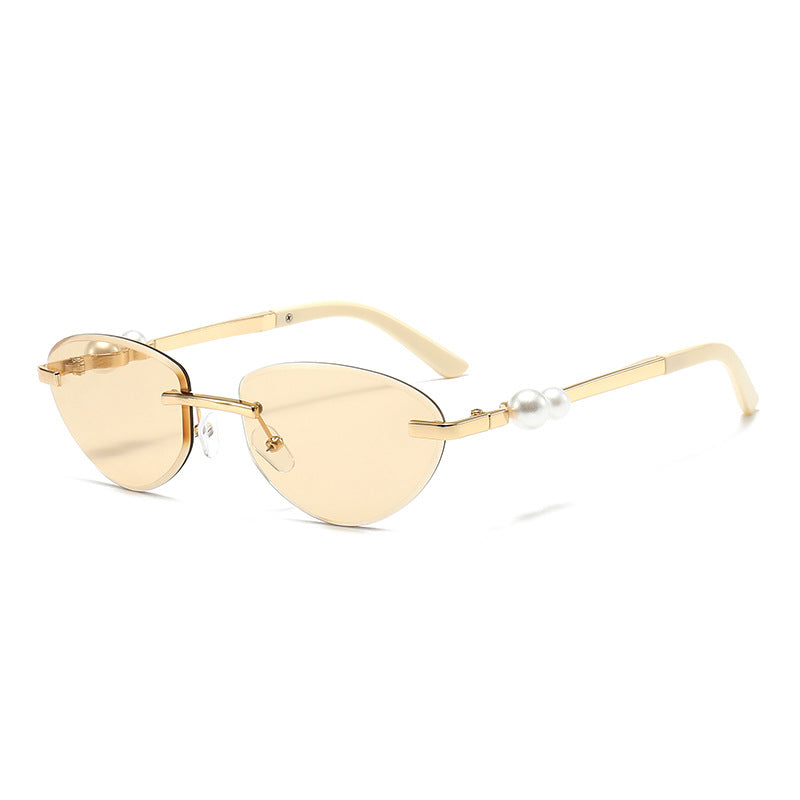 Frameless Cat Eye Sunglasses with Pearl Decor