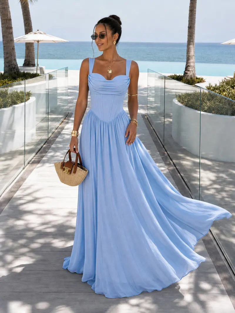 French Fishbone Waist Evening Gown Strapless Ruched Long Dress