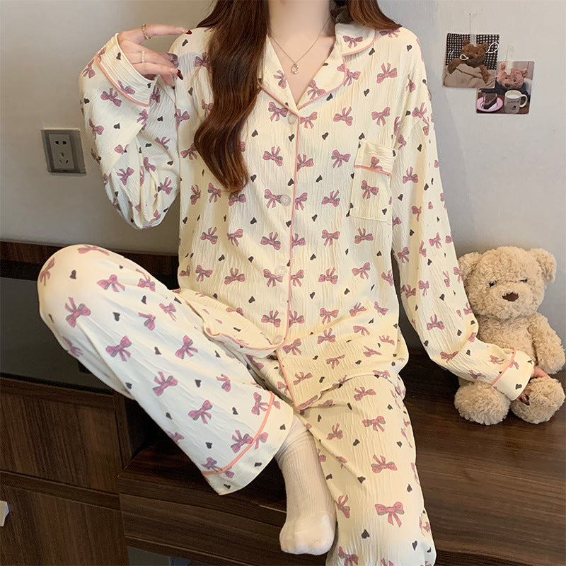 Womens Long Sleeve Pajama Set with Bow Design