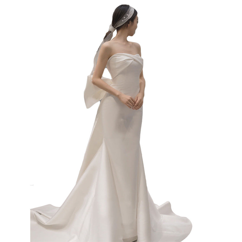 White satin strapless lightweight wedding dress