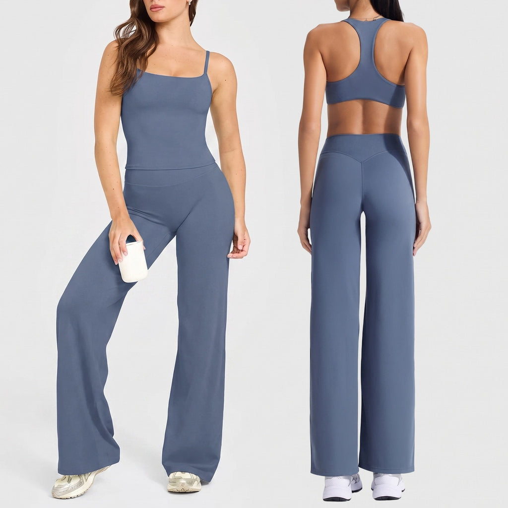 Women's sporty solid-color loose-fitting wide-leg yoga set