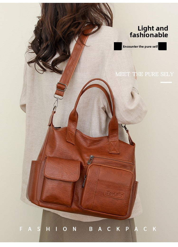 Vintage PU Leather Tote Bag Soft Retro Simple Shoulder Handbag for Women Daily Commuter