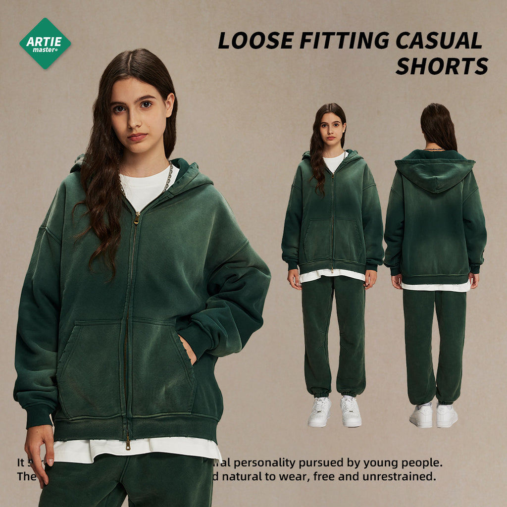 Men's garment dyeing distressed and padded double-headed zipper sweatshirt and pants set