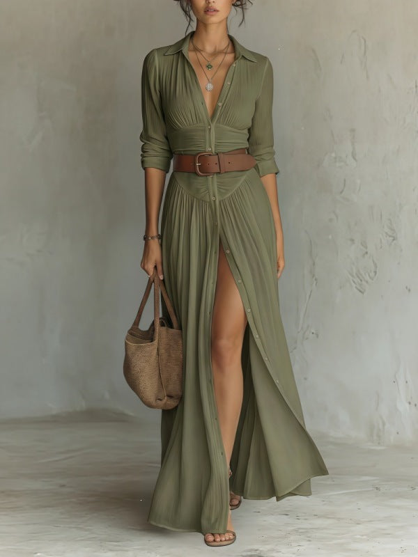 Womens V-Neck Belted Shirt Dress
