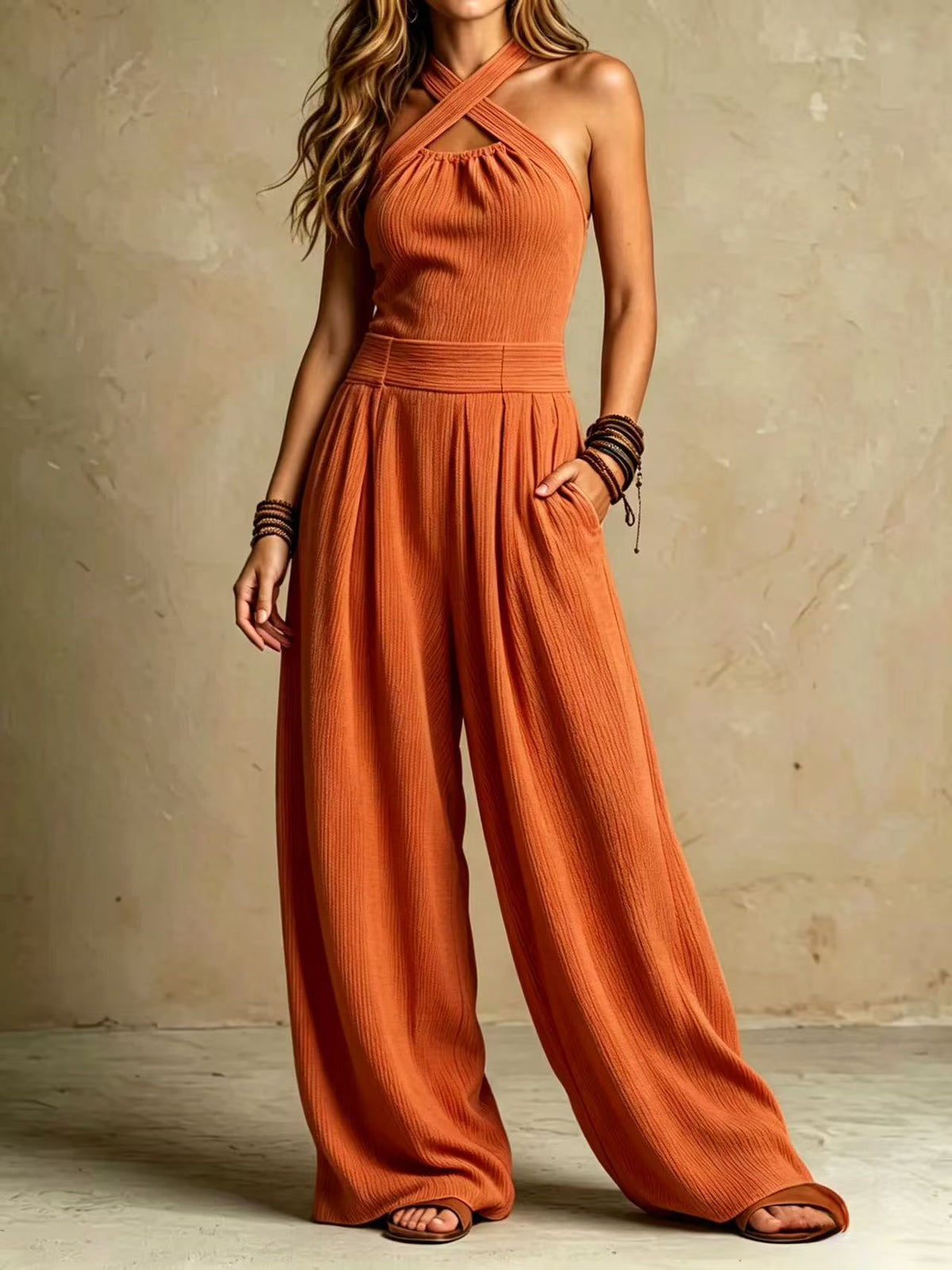 Crossed-necked openwork one-piece pants