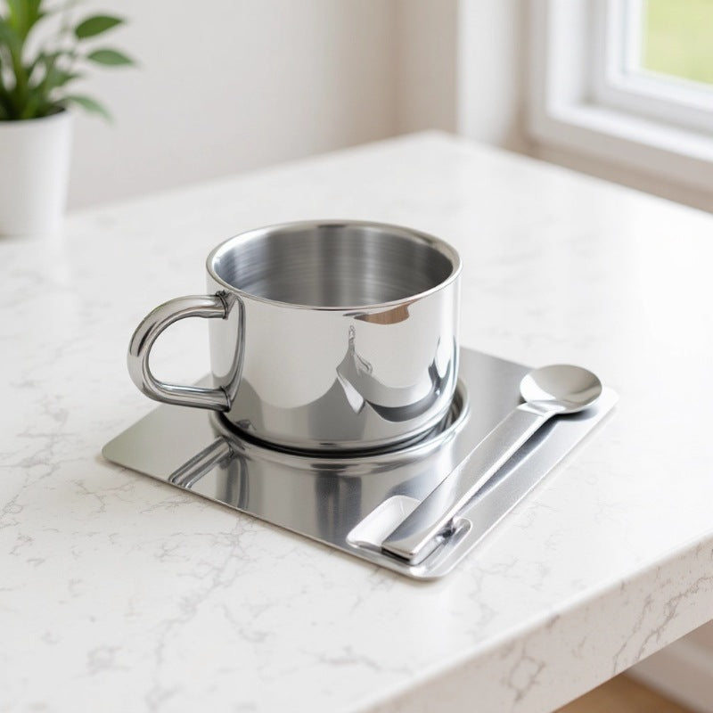 Stainless Steel Coffee Cup Set with Spoon and Base