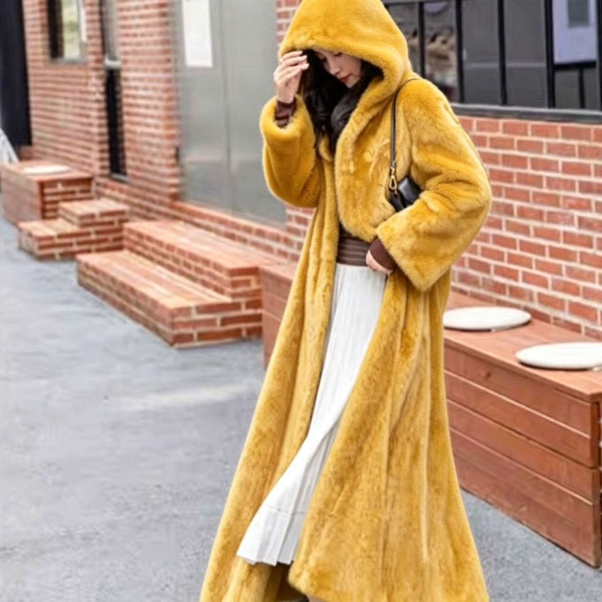 Extra-Long Faux Fur Hooded Coat with Belt for Women