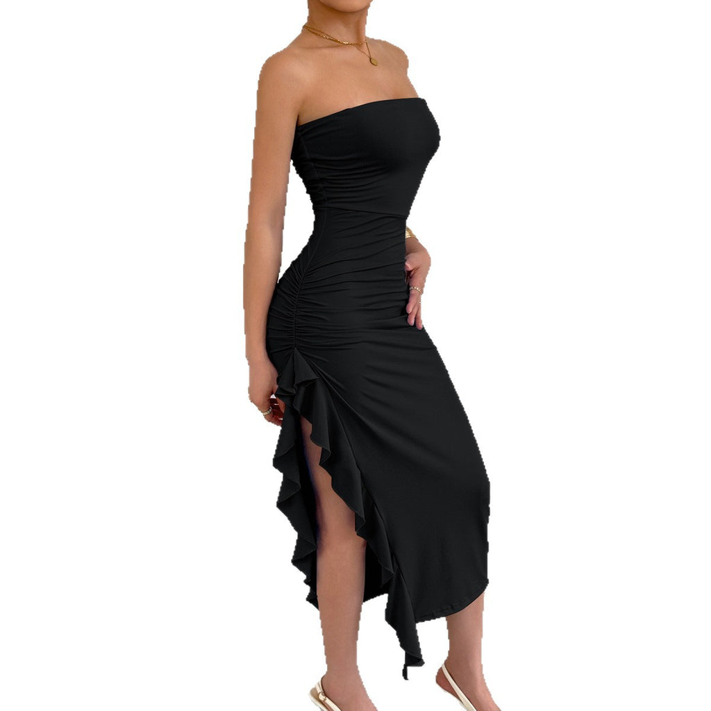 Women's Slim Fit Tube Top Bodycon Dress Slit Wrap Chest Solid Color