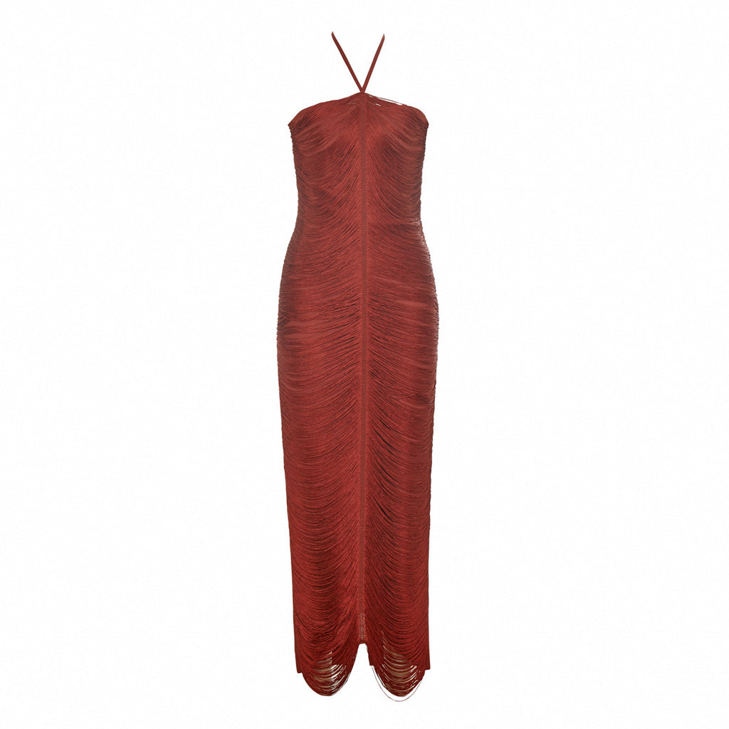 Sleeveless Halter Neck Tassel Long Dress