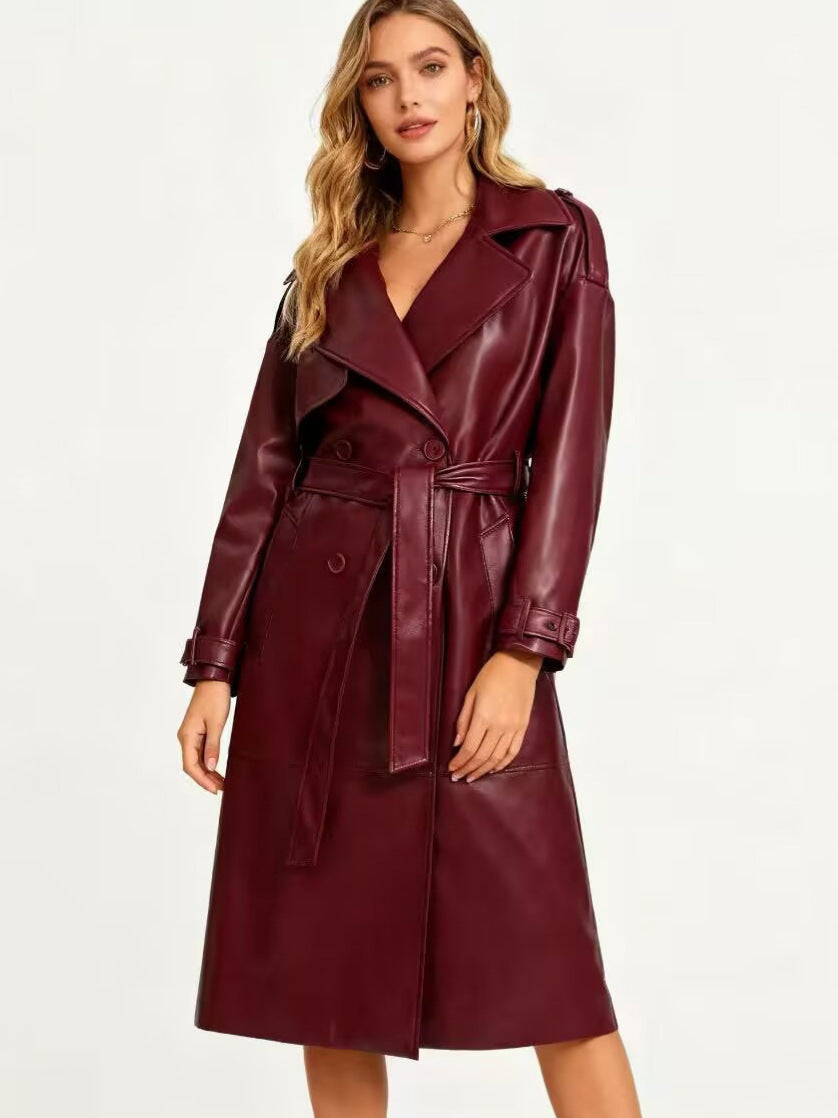 Women's Retro PU Leather Trench Coat