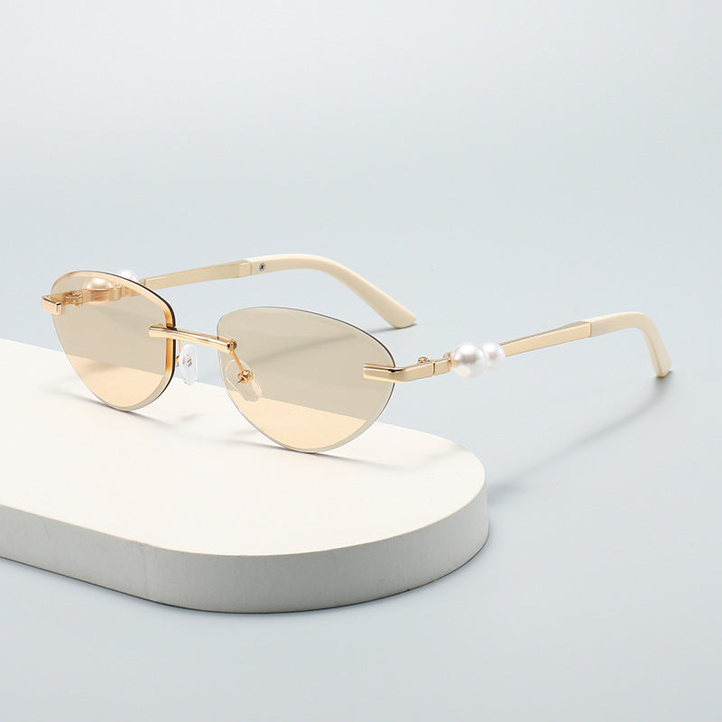 Frameless Cat Eye Sunglasses with Pearl Decor