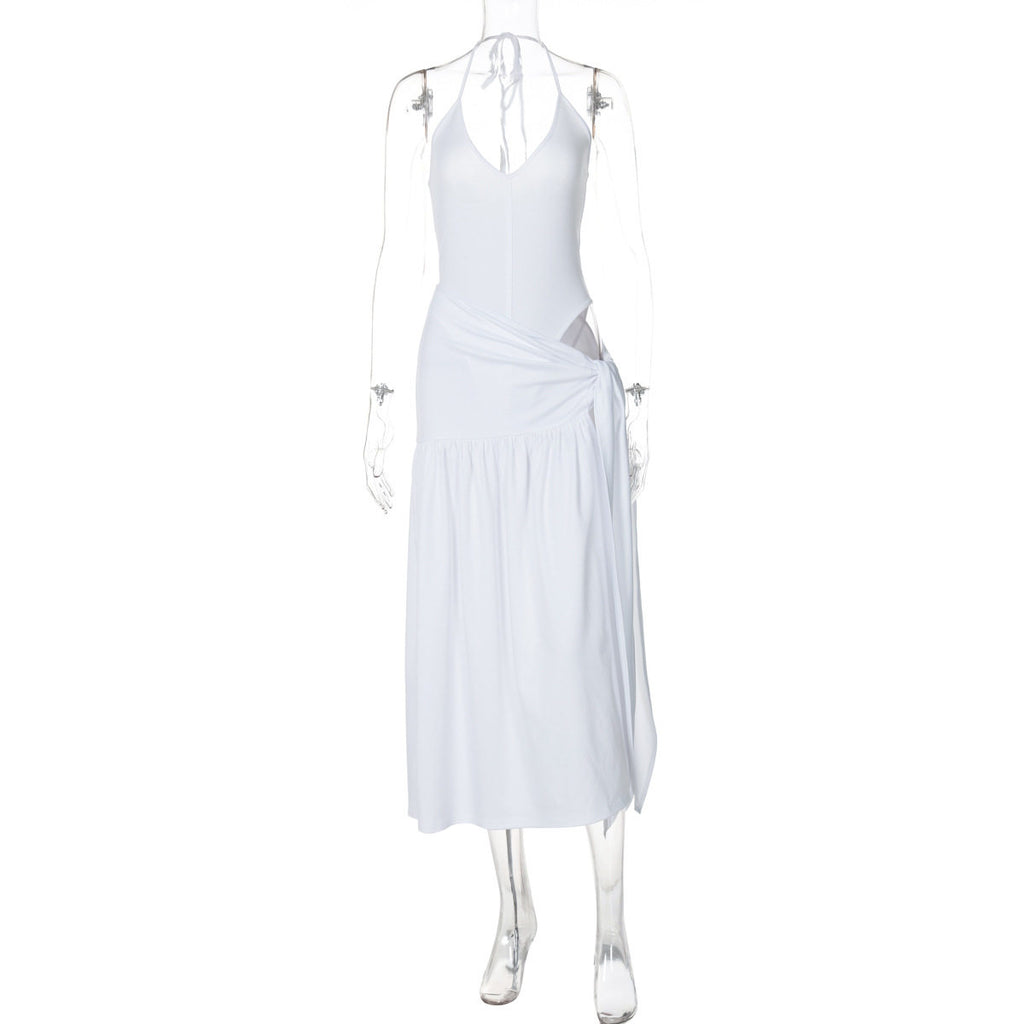 Womens V-Neck Halter Backless Jumpsuit with High-Waisted Skirt