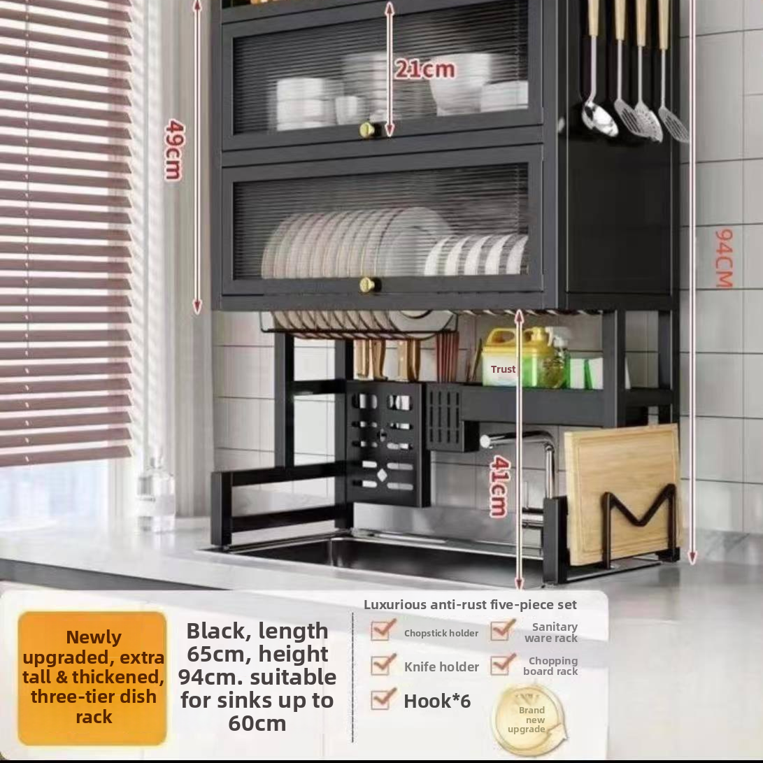 Double Layer Kitchen Sink Rack Dustproof Draining Storage Cabinet