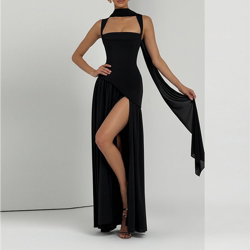 Elegant Slim-Fit Solid Color Waist-Cinching Slit Dress