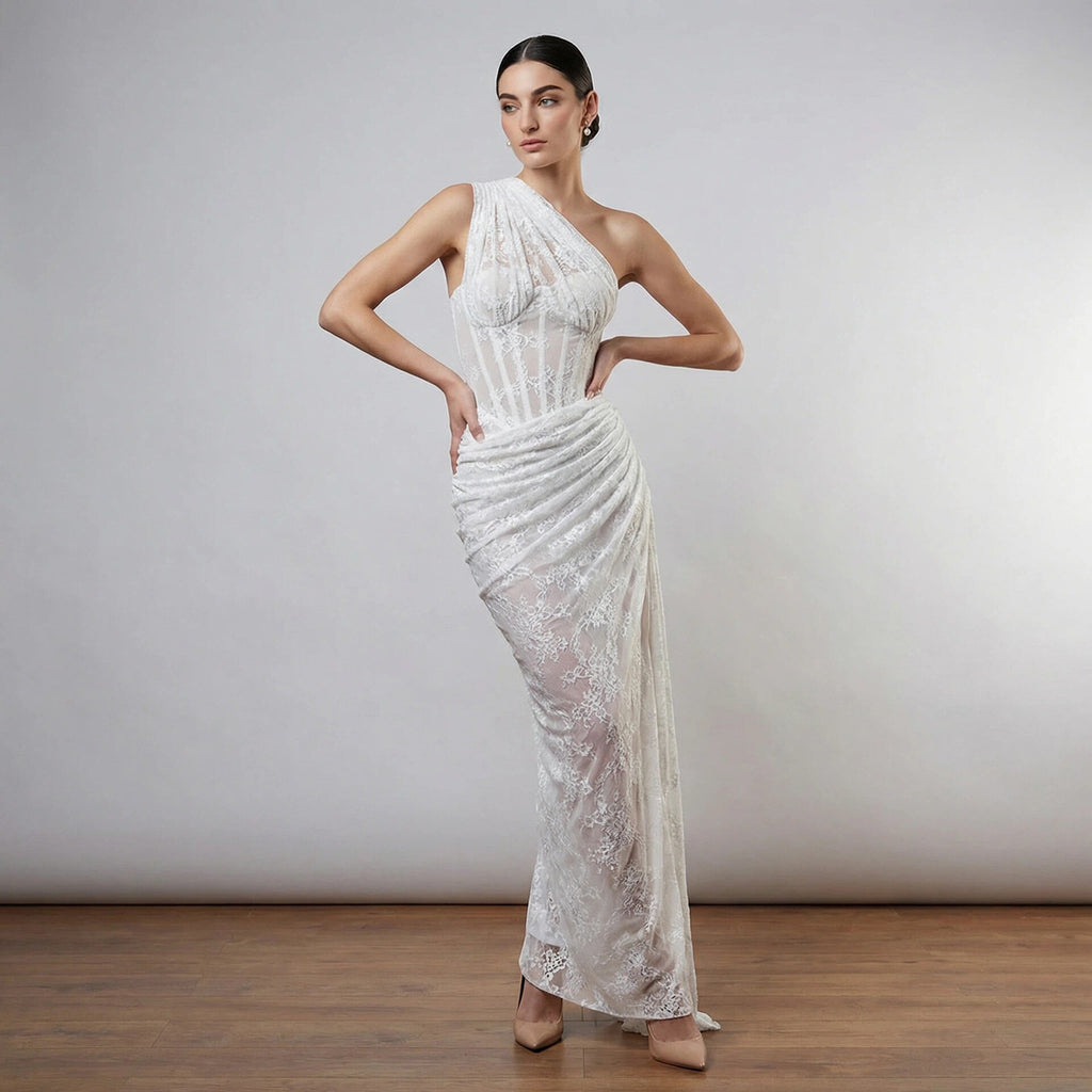 One-Shoulder Lace Long Dress with Stretch Bandage Fabric