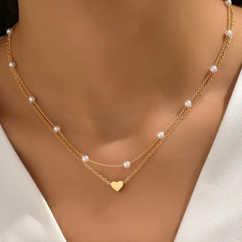 Fashion Imitation Pearl Layered Necklace with Heart Pendant for Women Men