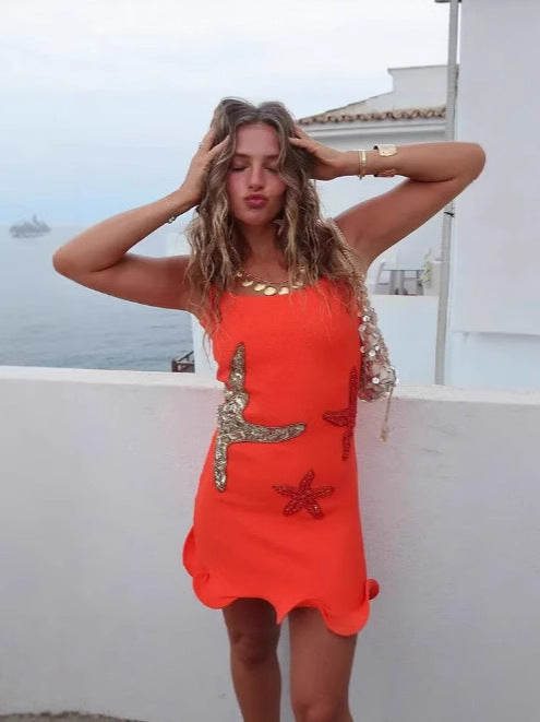 Sleeveless Square Neck Dress with Starfish Pattern