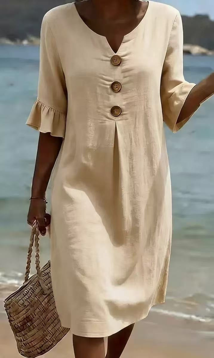 Womens V-Neck Linen Blend Dress