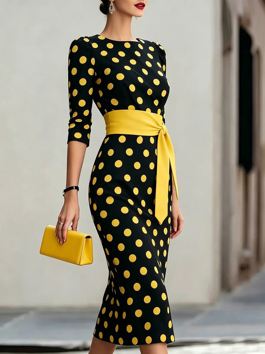 Retro Polka Dot Waist-Cinching Mid-Length Dress