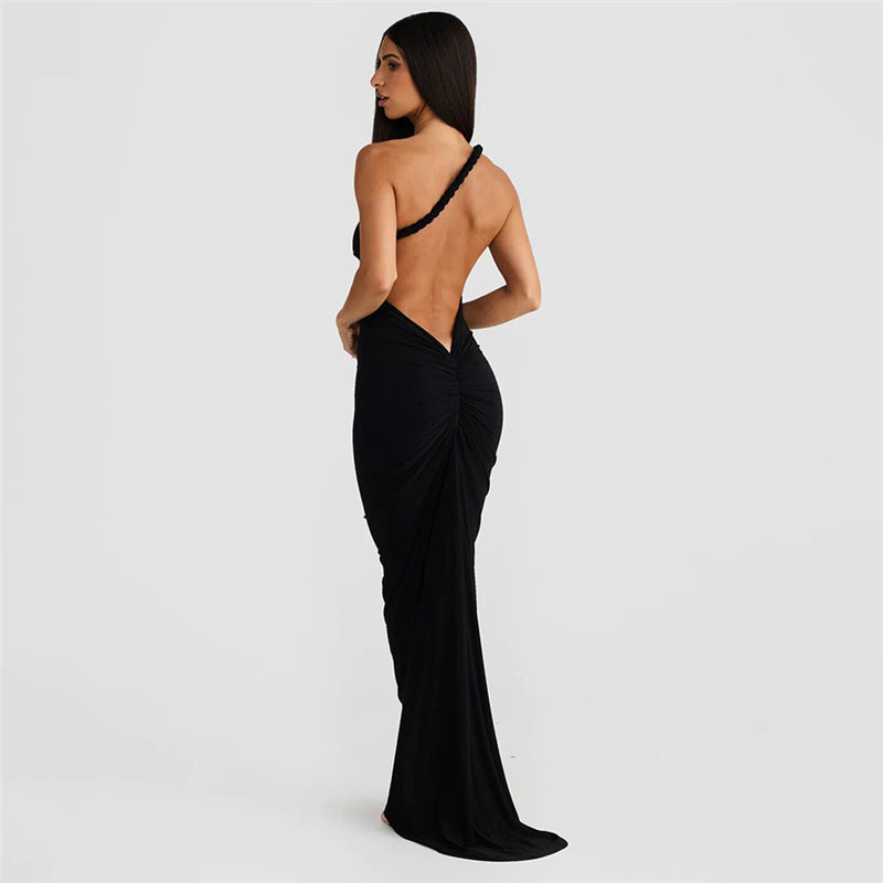Women's Halterneck Backless Pleated Long Dress