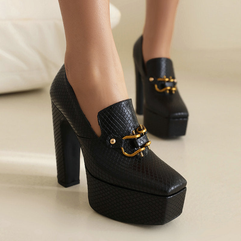 High Heels, Snake Print Square Toe, Thick Sole, Chunky Heel Women's Shoes