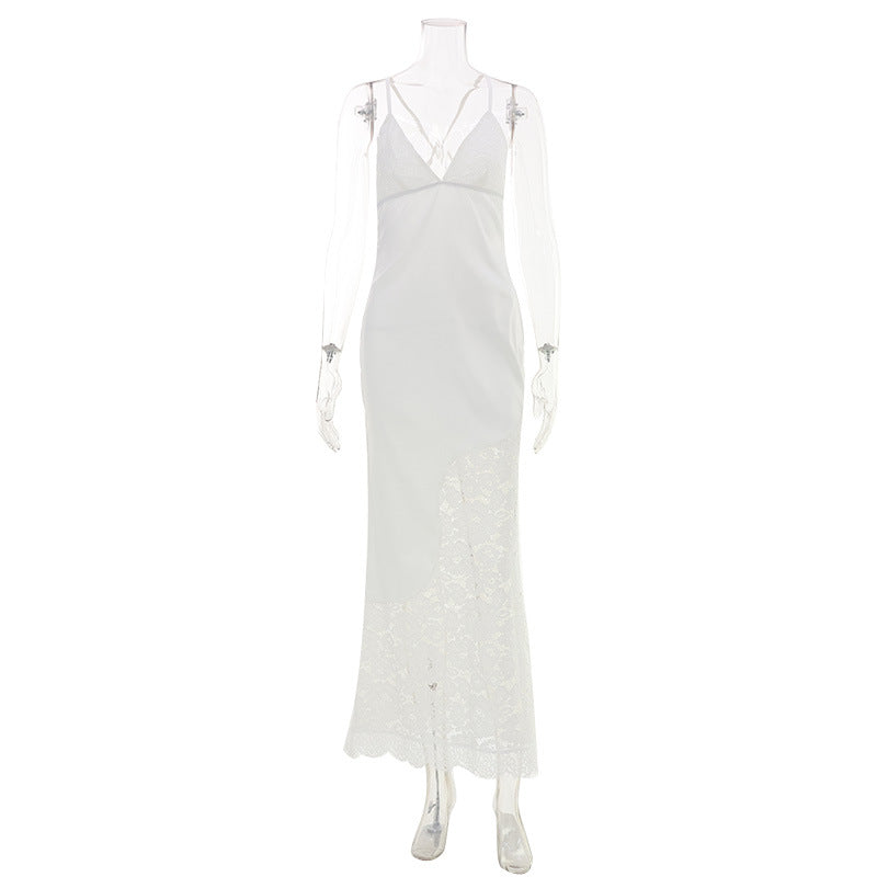 French-Style Elegant Lace Patchwork V-Neck Backless Tie-Up Evening Dress