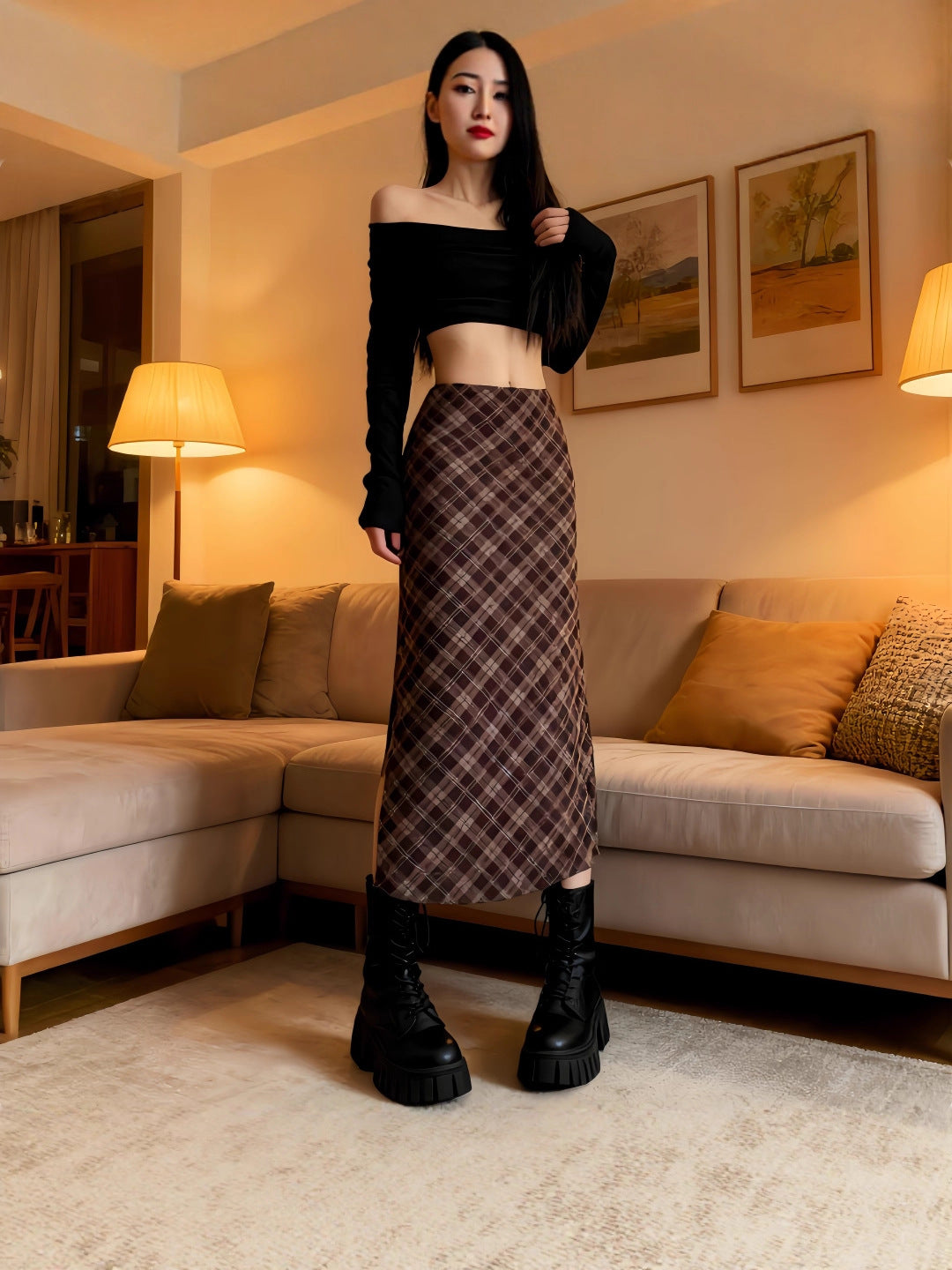 Uena American Retro Lace Bow Plaid Mesh Slit Skirt for Women