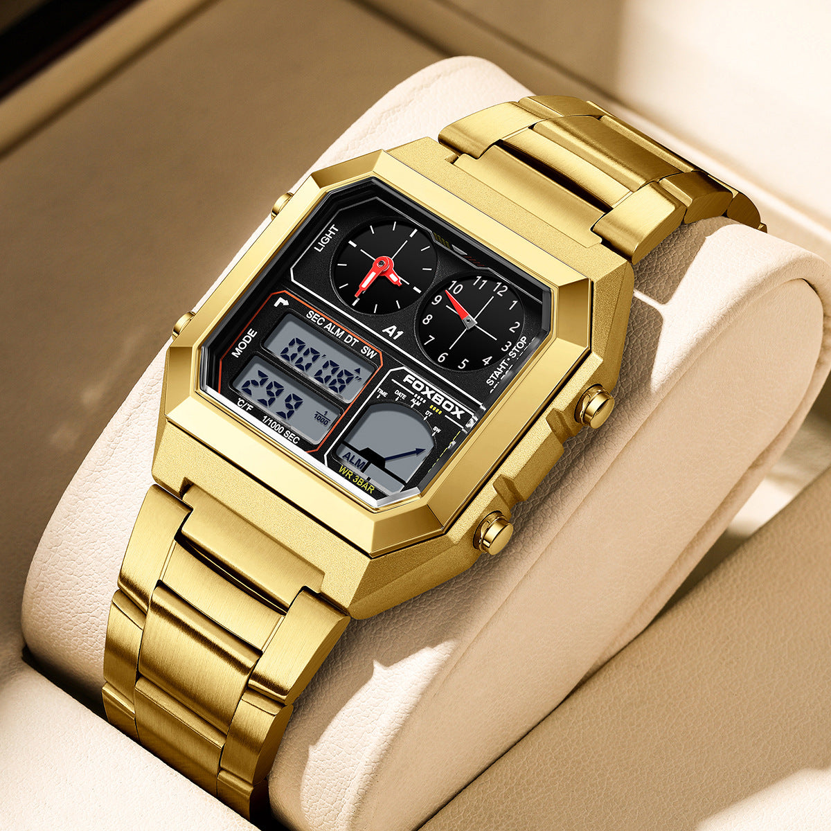 Foxbox Square Men Multifunction Digital Analog Stainless Steel Waterproof Watch