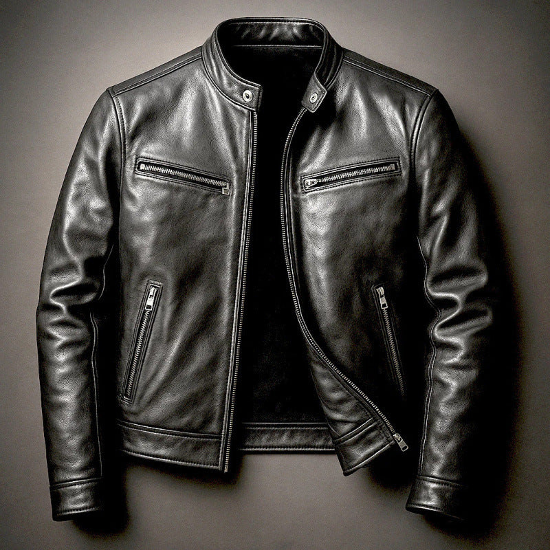 Mens PU Leather Jacket Stand Collar Slim Fit Coat